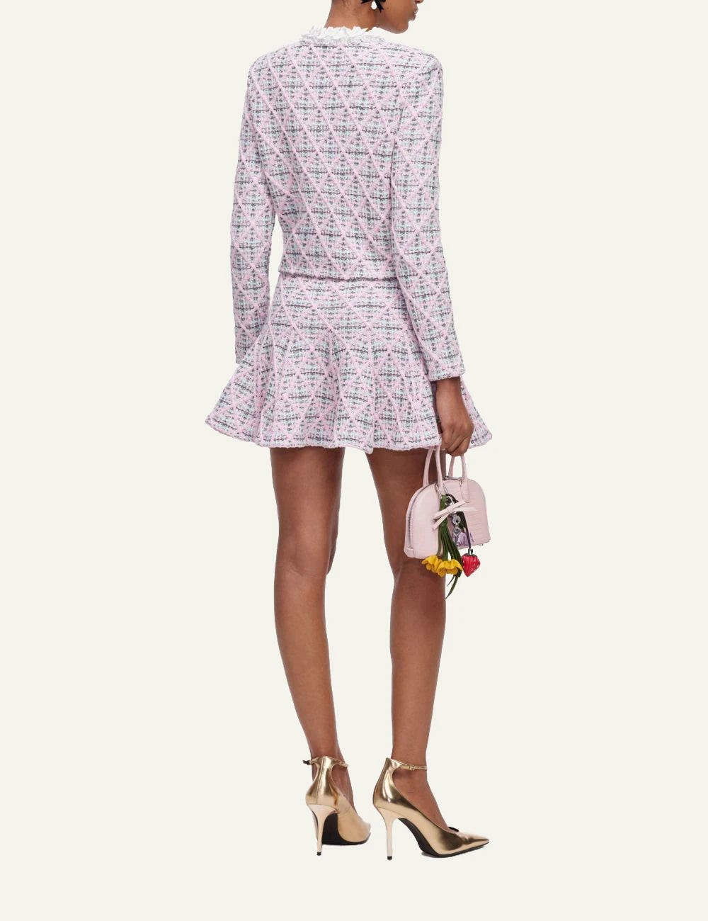 Self-Portrait Women’s Pastel Pink Check Knit Cardigan With Floral And Pearl Details back