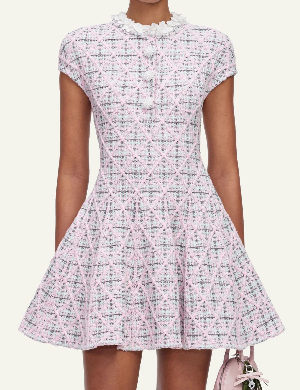 Self-Portrait Women’s Pastel Pink Check Knit Mini Dress With Floral And Pearl Details model