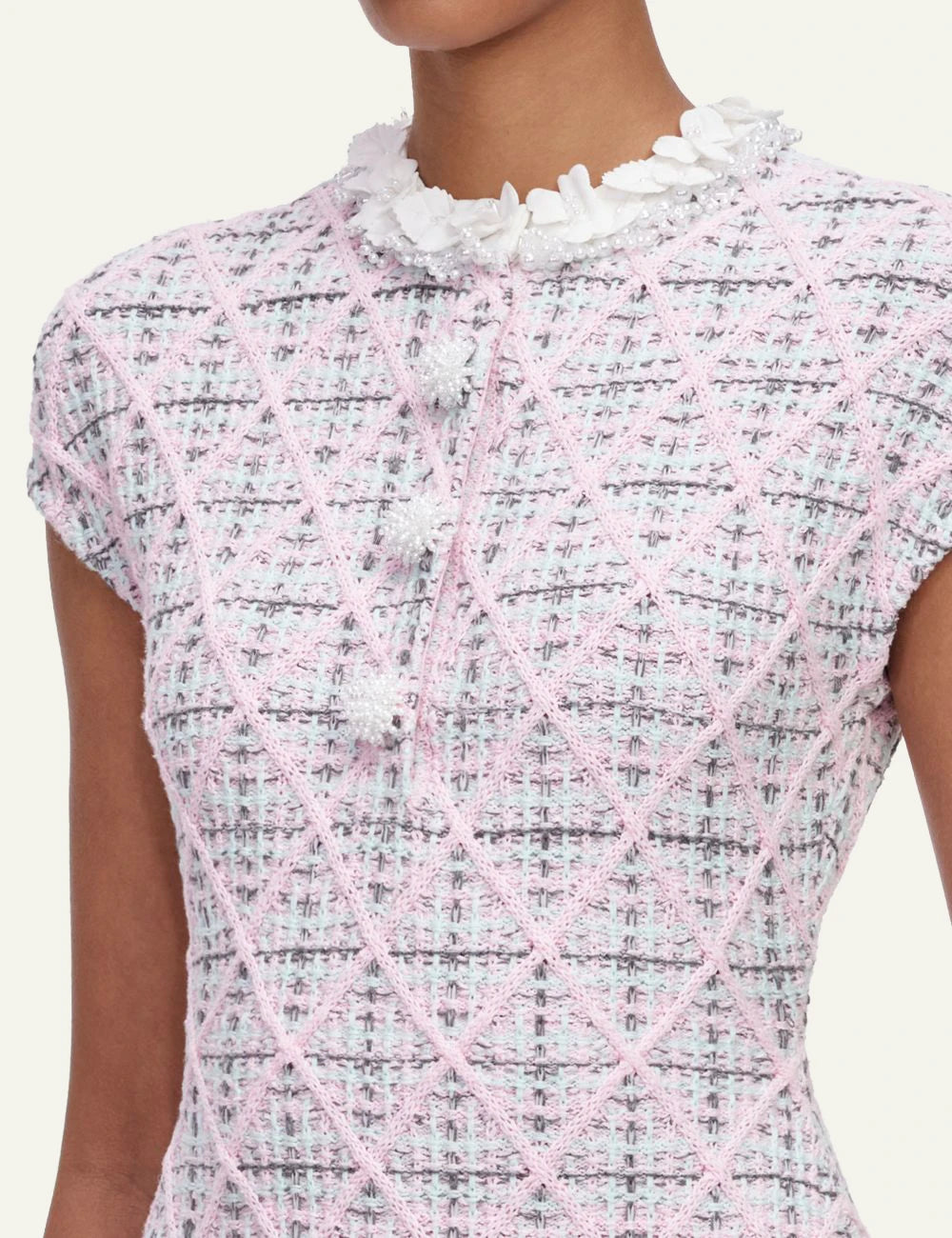 Self-Portrait Women’s Pastel Pink Check Knit Mini Dress With Floral And Pearl Details 