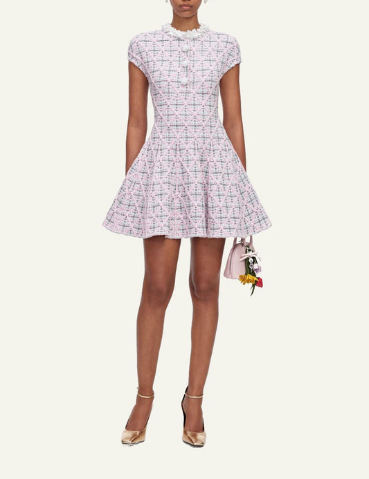Self-Portrait Women’s Pastel Pink Check Knit Mini Dress With Floral And Pearl Details