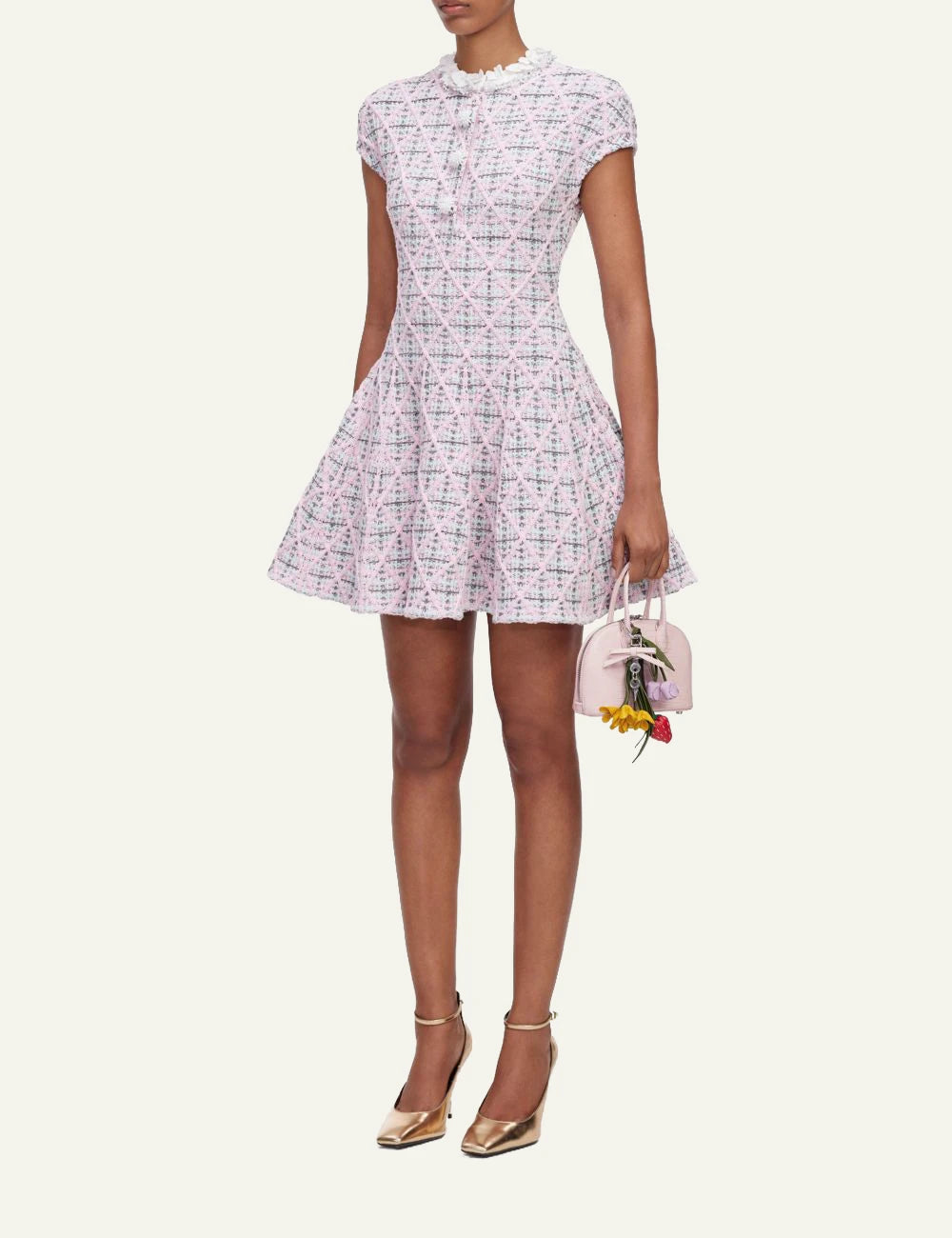 Self-Portrait Women’s Pastel Pink Check Knit Mini Dress With Floral And Pearl Details side