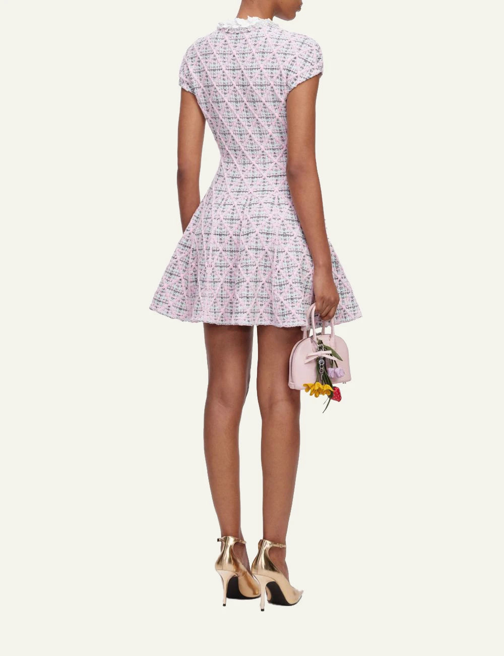 Self-Portrait Women’s Pastel Pink Check Knit Mini Dress With Floral And Pearl Details back