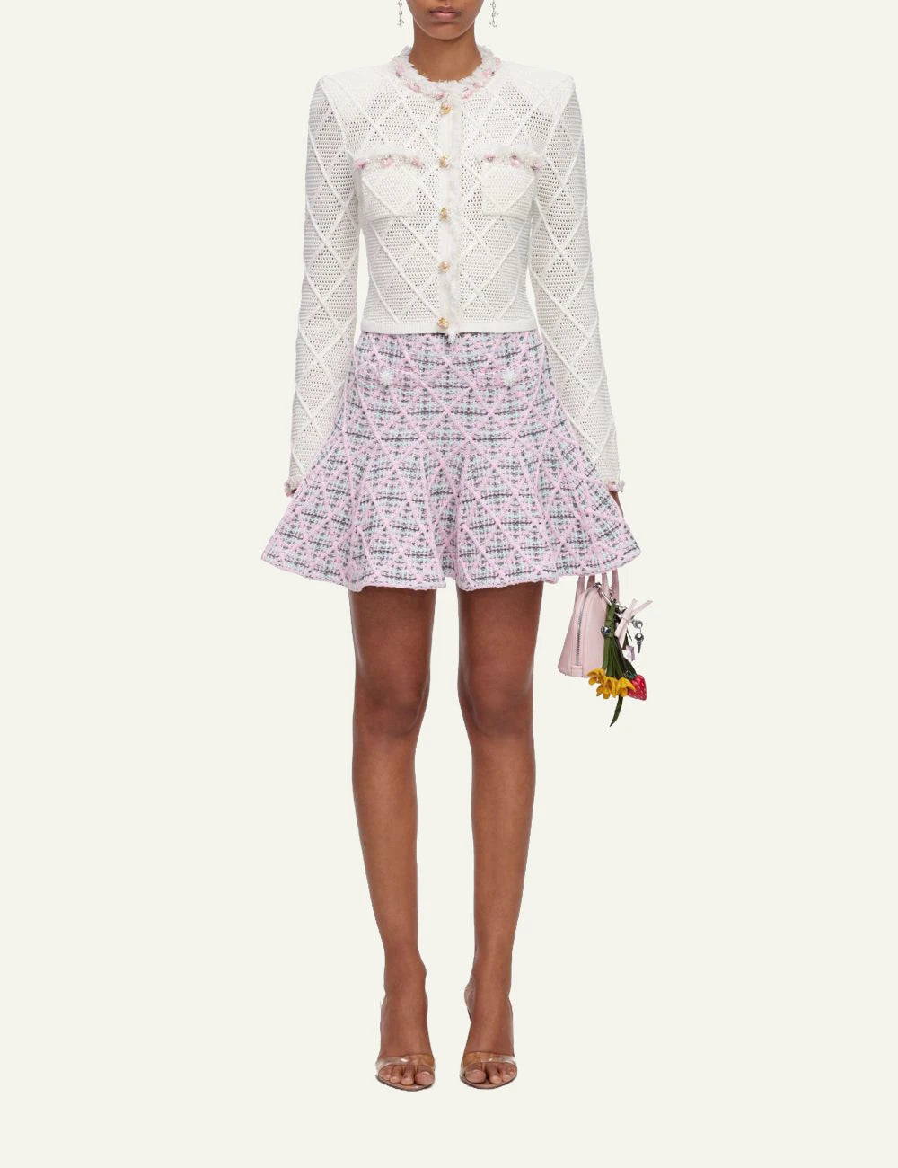 Self-Portrait Women’s Pastel Pink Check Knit Mini Skirt With Pearl Buttons full body