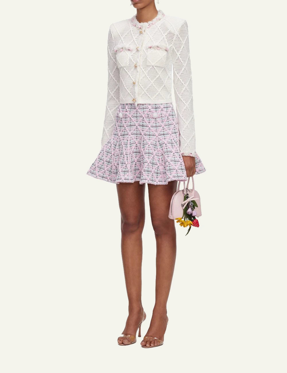 Self-Portrait Women’s Pastel Pink Check Knit Mini Skirt With Pearl Buttons full body
