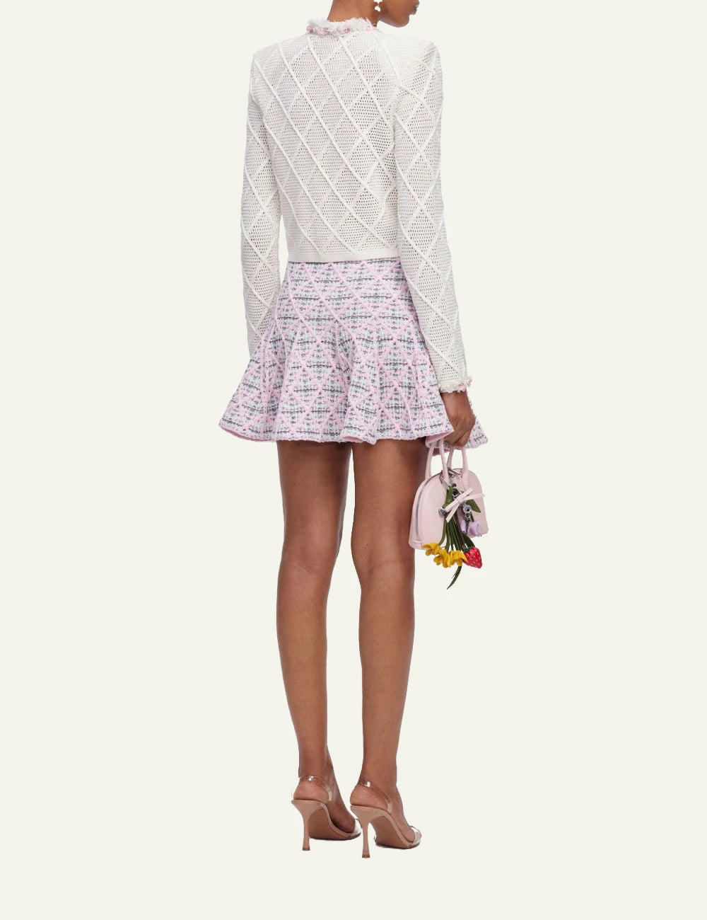 Self-Portrait Women’s Pastel Pink Check Knit Mini Skirt With Pearl Buttons back