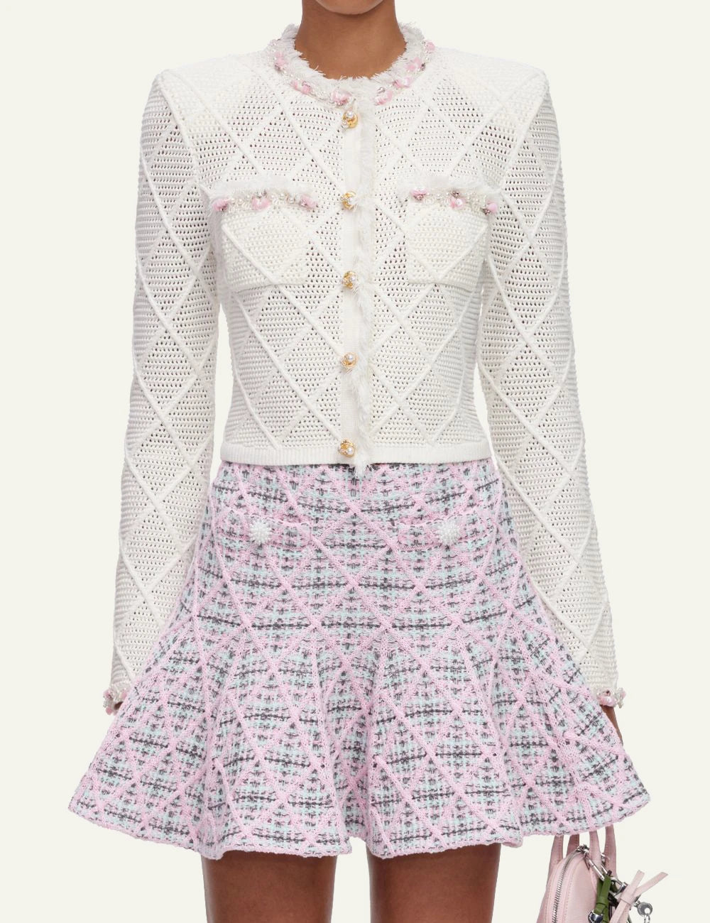 Self-Portrait Women’s Pastel Pink Check Knit Mini Skirt With Pearl Buttons