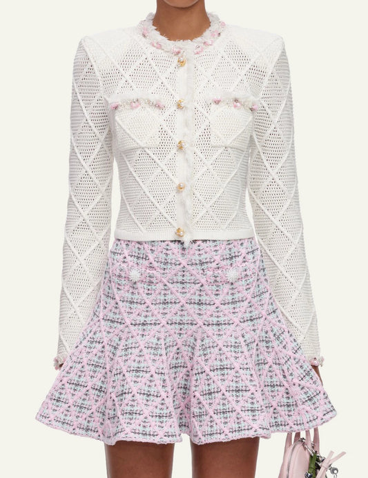 Self-Portrait Women’s Pastel Pink Check Knit Mini Skirt With Pearl Buttons