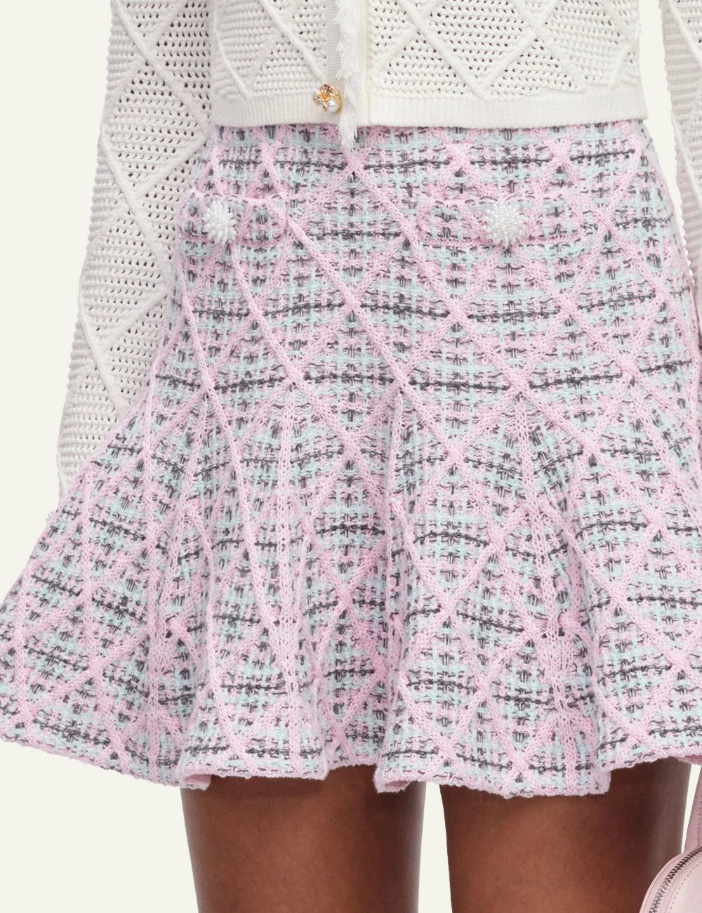 Self-Portrait Women’s Pastel Pink Check Knit Mini Skirt With Pearl Buttons detail