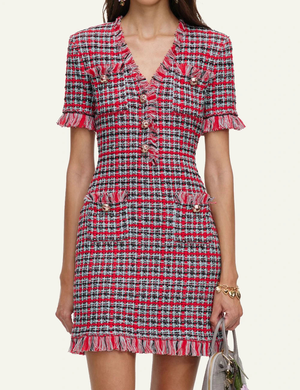 Self-Portrait Women’s Red Check Bouclé Mini Dress With Statement Buttons model