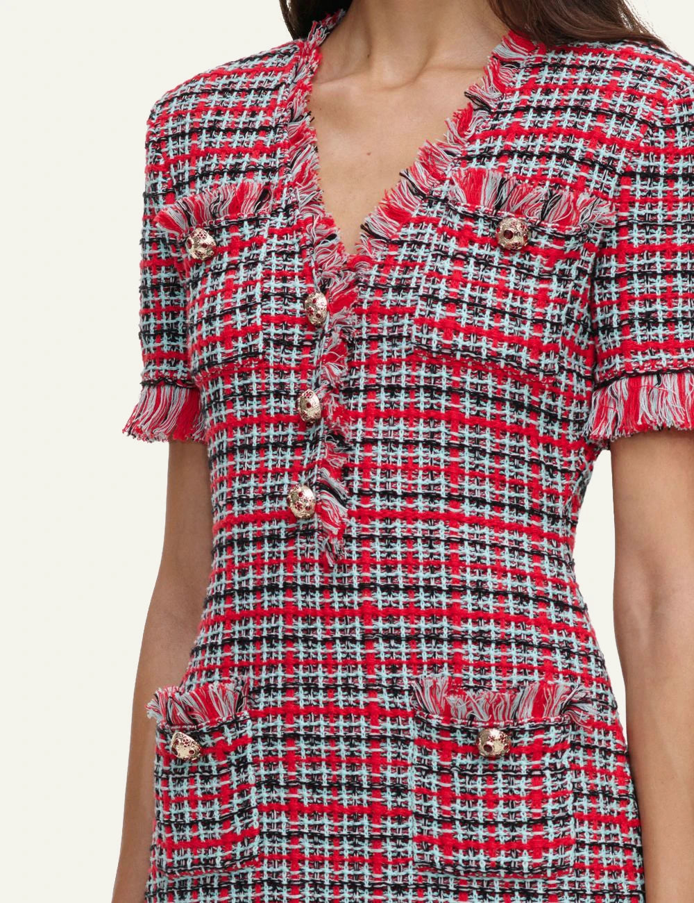 Self-Portrait Women’s Red Check Bouclé Mini Dress With Statement Buttons side