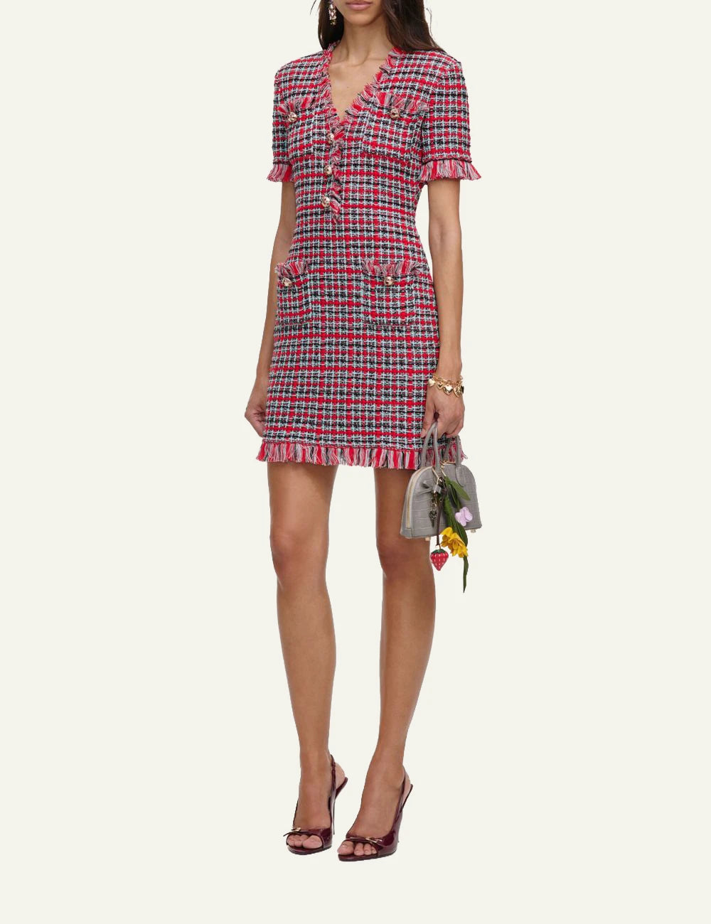 Self-Portrait Women’s Red Check Bouclé Mini Dress With Statement Buttons side