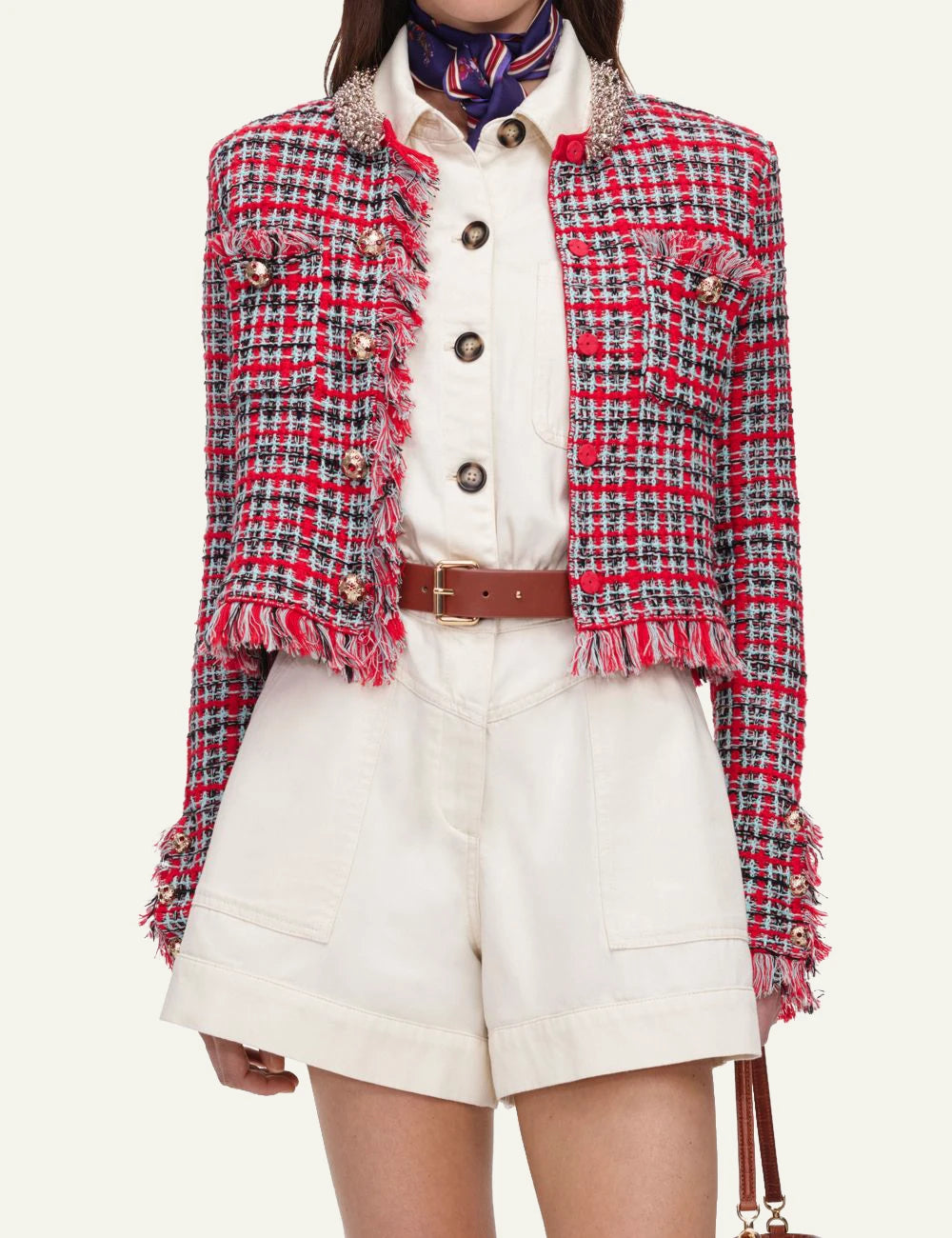Self-Portrait Women’s Red Check Knit Jacket With Crystal Buttons And Frayed Trims model