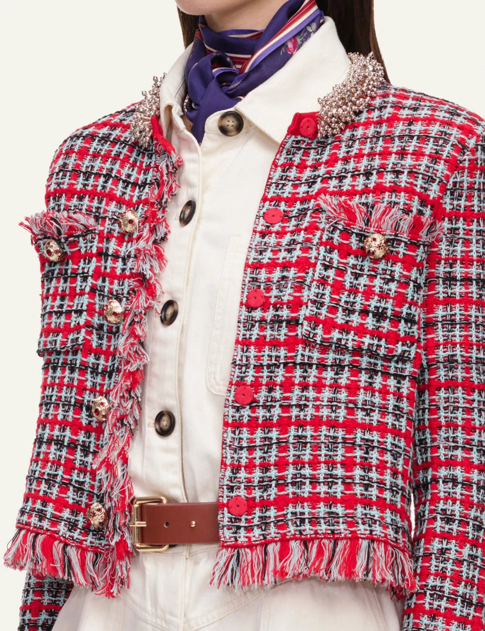 Self-Portrait Women’s Red Check Knit Jacket With Crystal Buttons And Frayed Trims detail