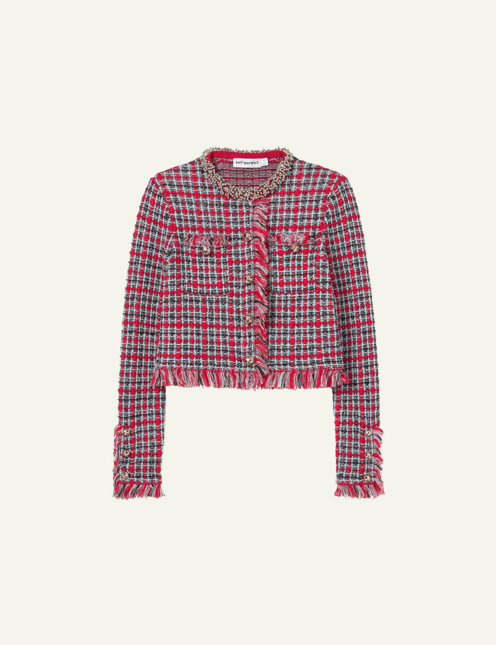 Self-Portrait Women’s Red Check Knit Jacket With Crystal Buttons And Frayed Trims