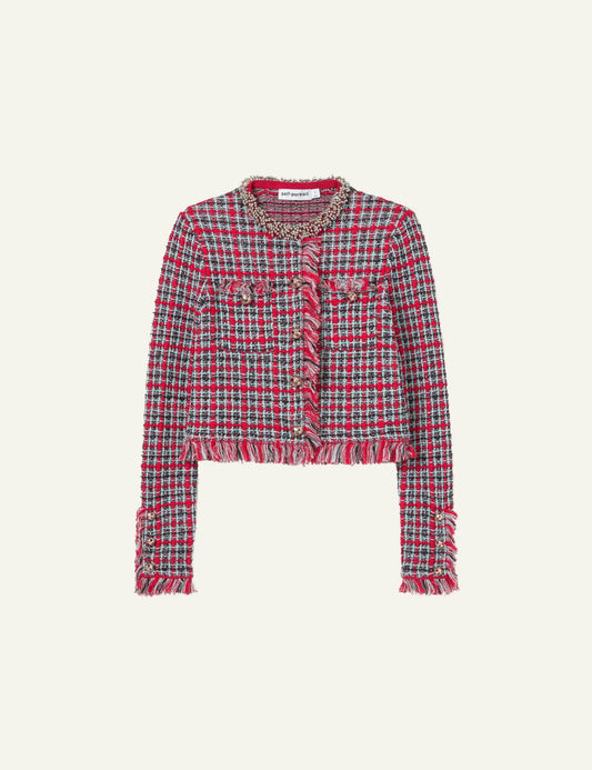 Self-Portrait Women’s Red Check Knit Jacket With Crystal Buttons And Frayed Trims