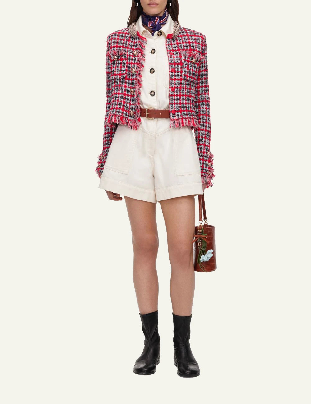 Self-Portrait Women’s Red Check Knit Jacket With Crystal Buttons And Frayed Trims full