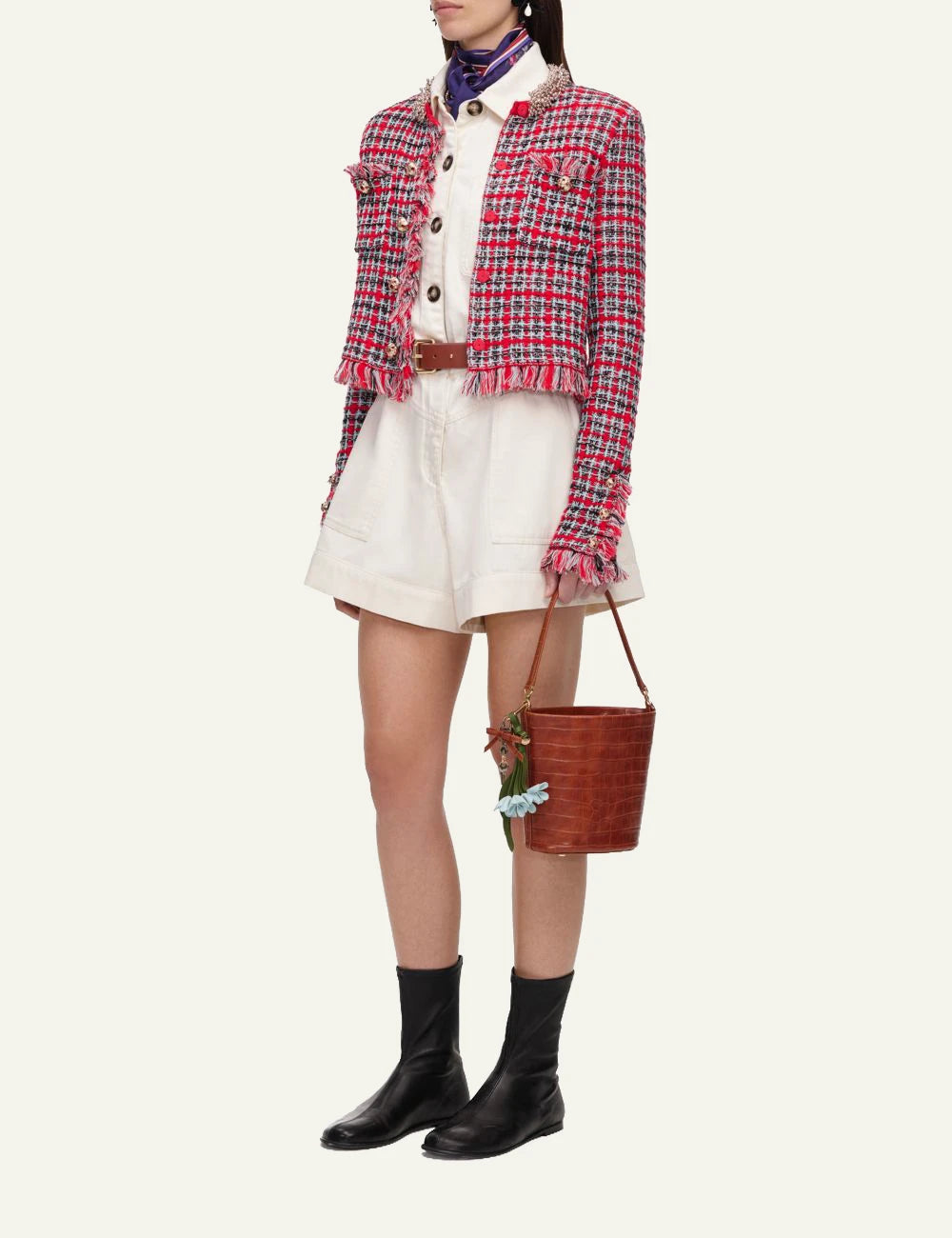 Self-Portrait Women’s Red Check Knit Jacket With Crystal Buttons And Frayed Trims side