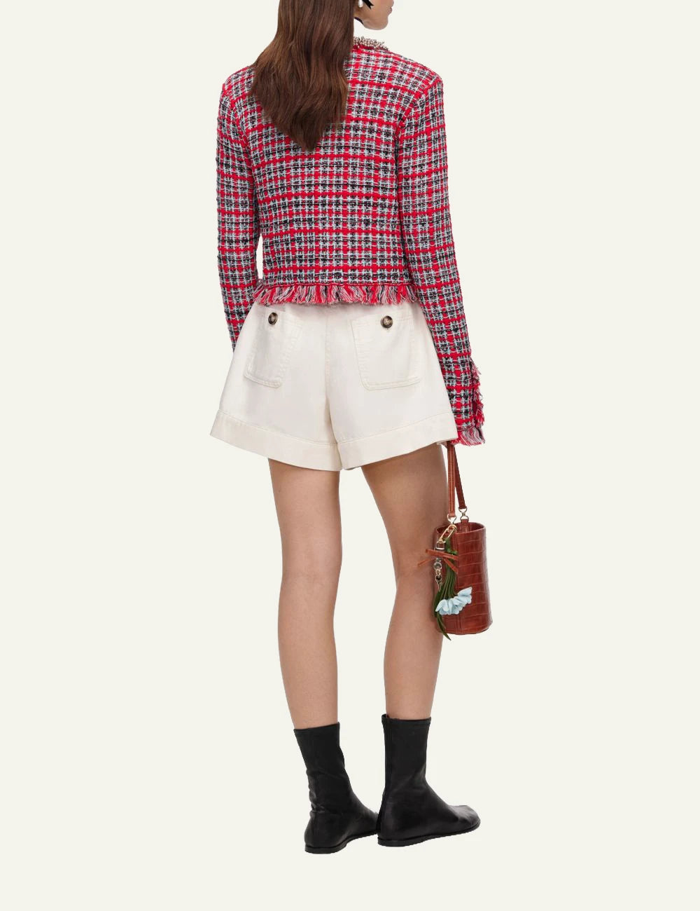 Self-Portrait Women’s Red Check Knit Jacket With Crystal Buttons And Frayed Trims back