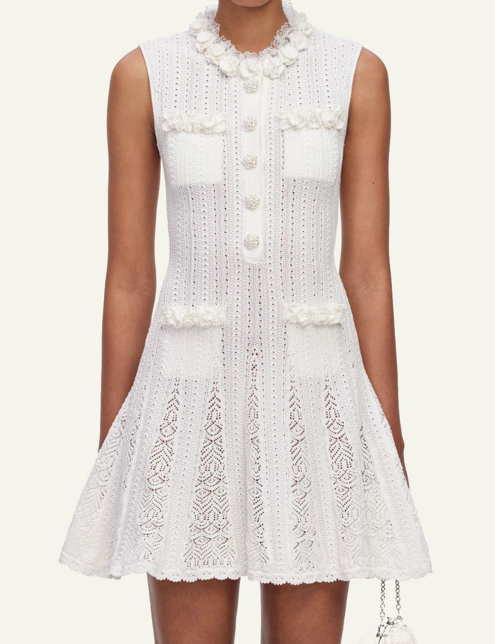 Self-Portrait Women’s White Pointelle Knit Mini Dress With Floral Trims And Pearl Buttons model