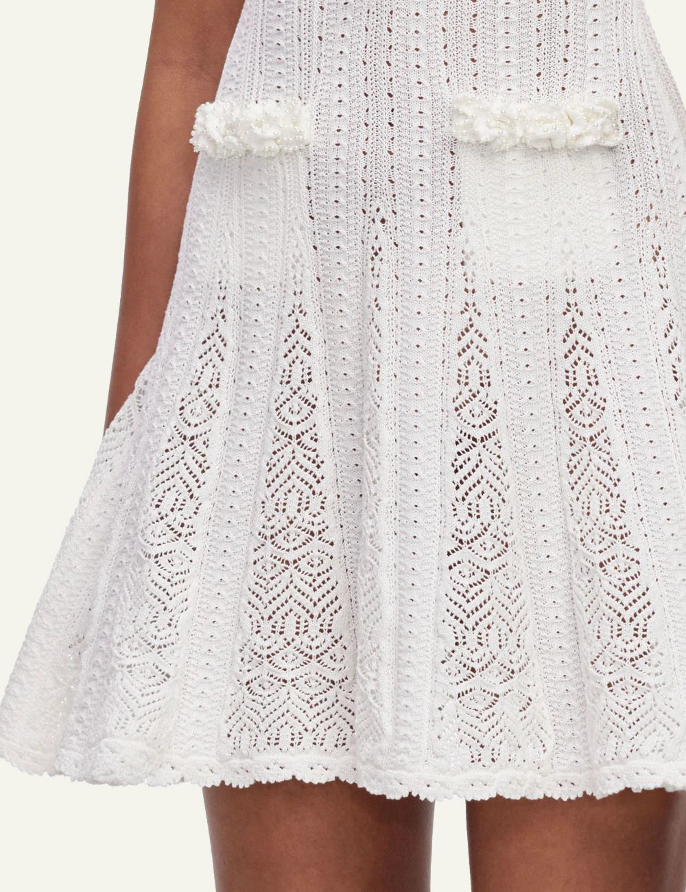 Self-Portrait Women’s White Pointelle Knit Mini Dress With Floral Trims And Pearl Buttons detail