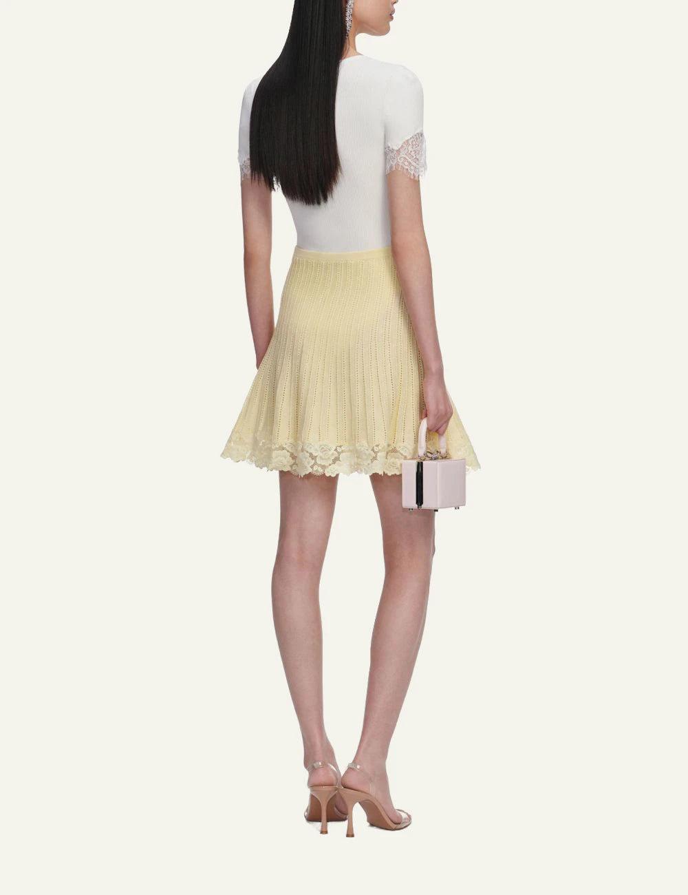 Self Portrait yellow knit mini skirt lace detail back view