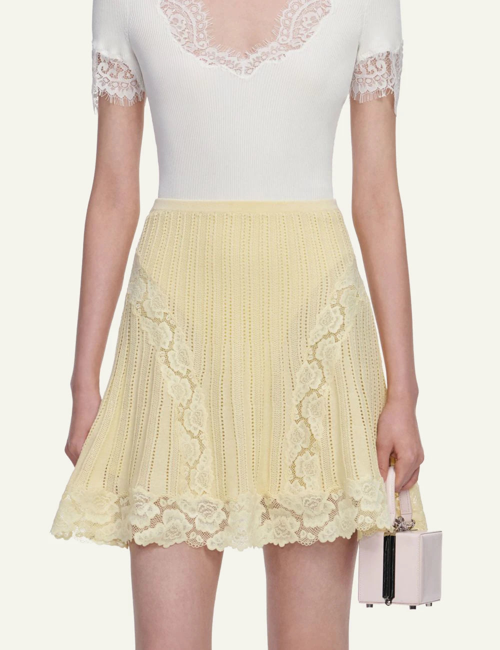 Self Portrait yellow knit mini skirt lace detail front model view