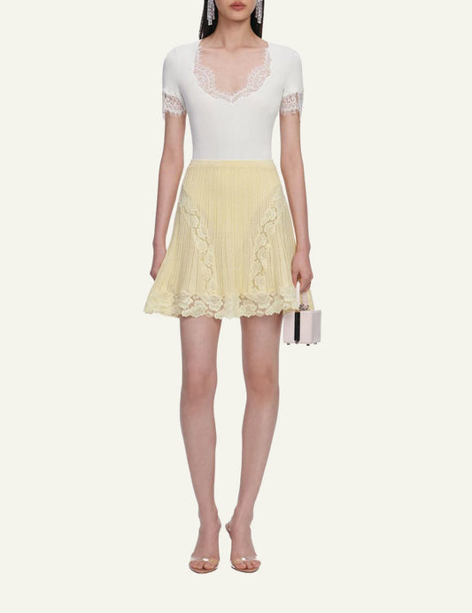 Self Portrait yellow knit mini skirt lace detail front view