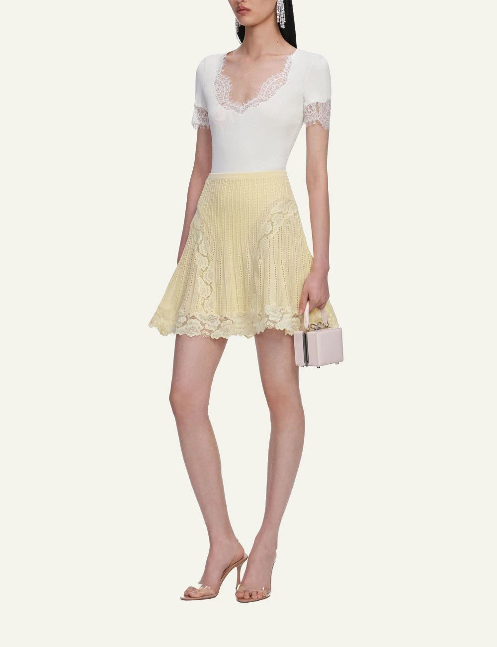 Self Portrait yellow knit mini skirt lace detail side view