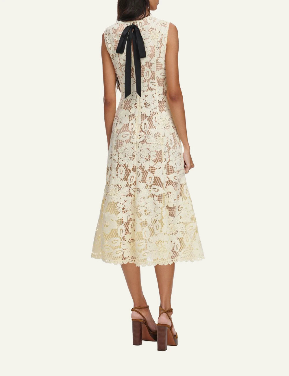 Self Portrait yellow lace midi dress floral crochet scalloped hem back