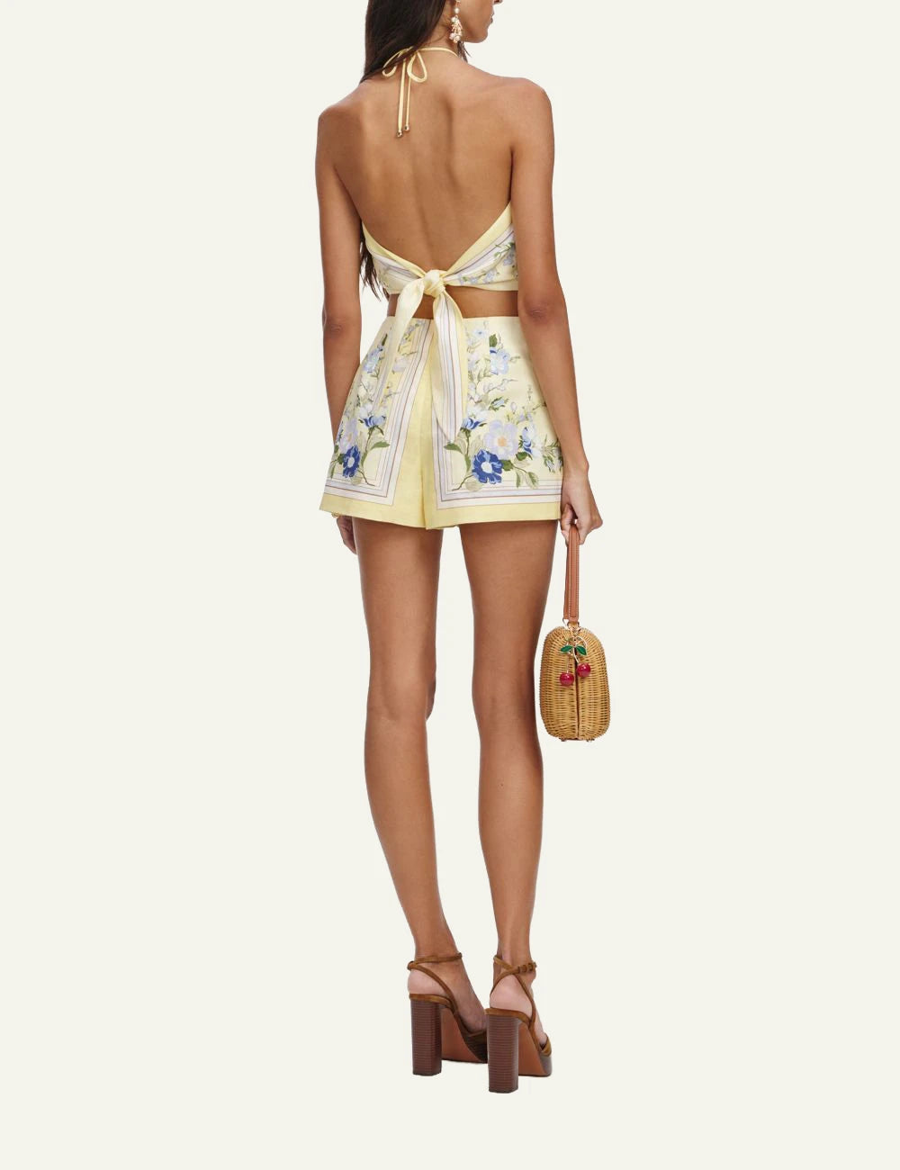 Self Portrait yellow linen crop top floral print back view