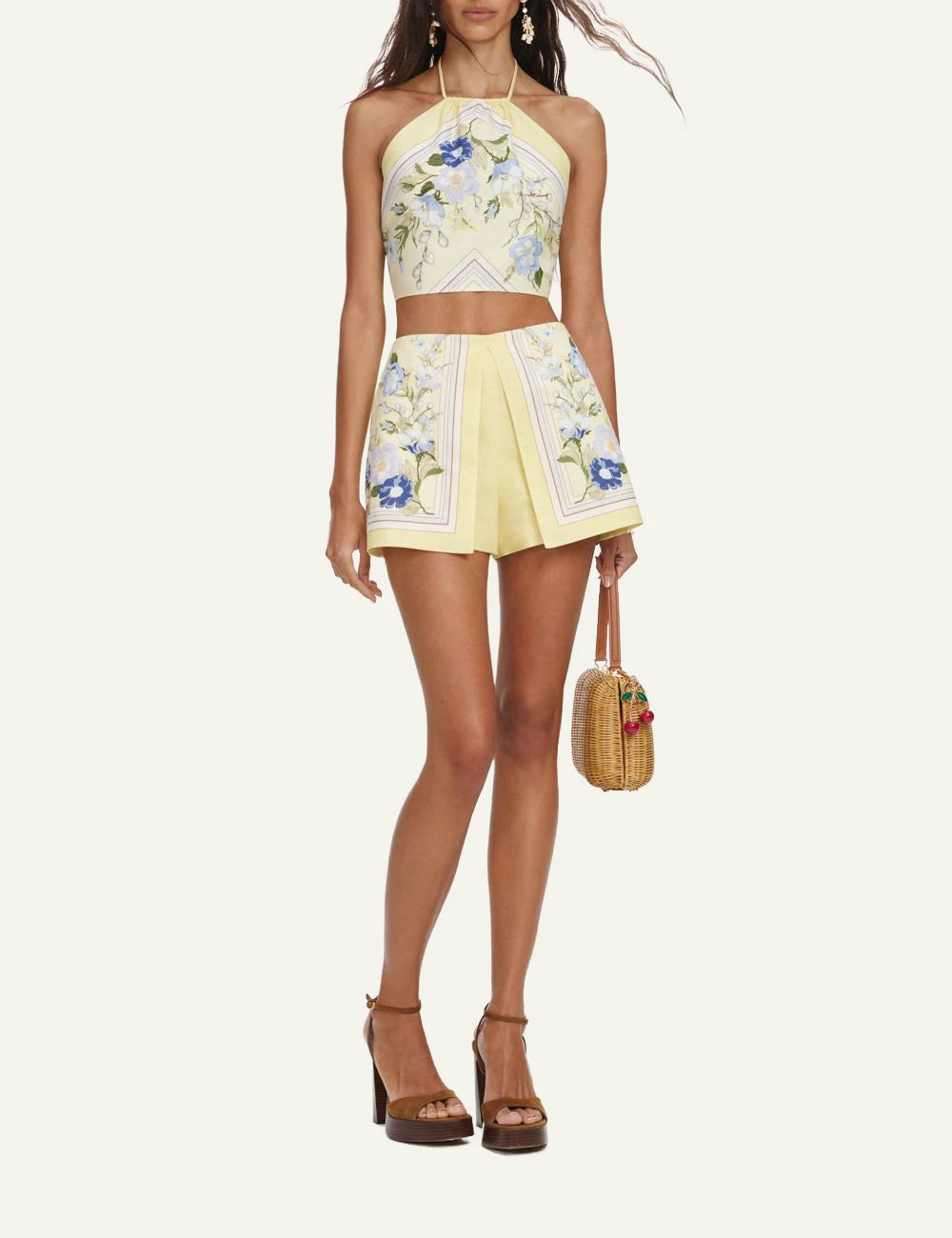 Self Portrait yellow linen crop top floral print front view