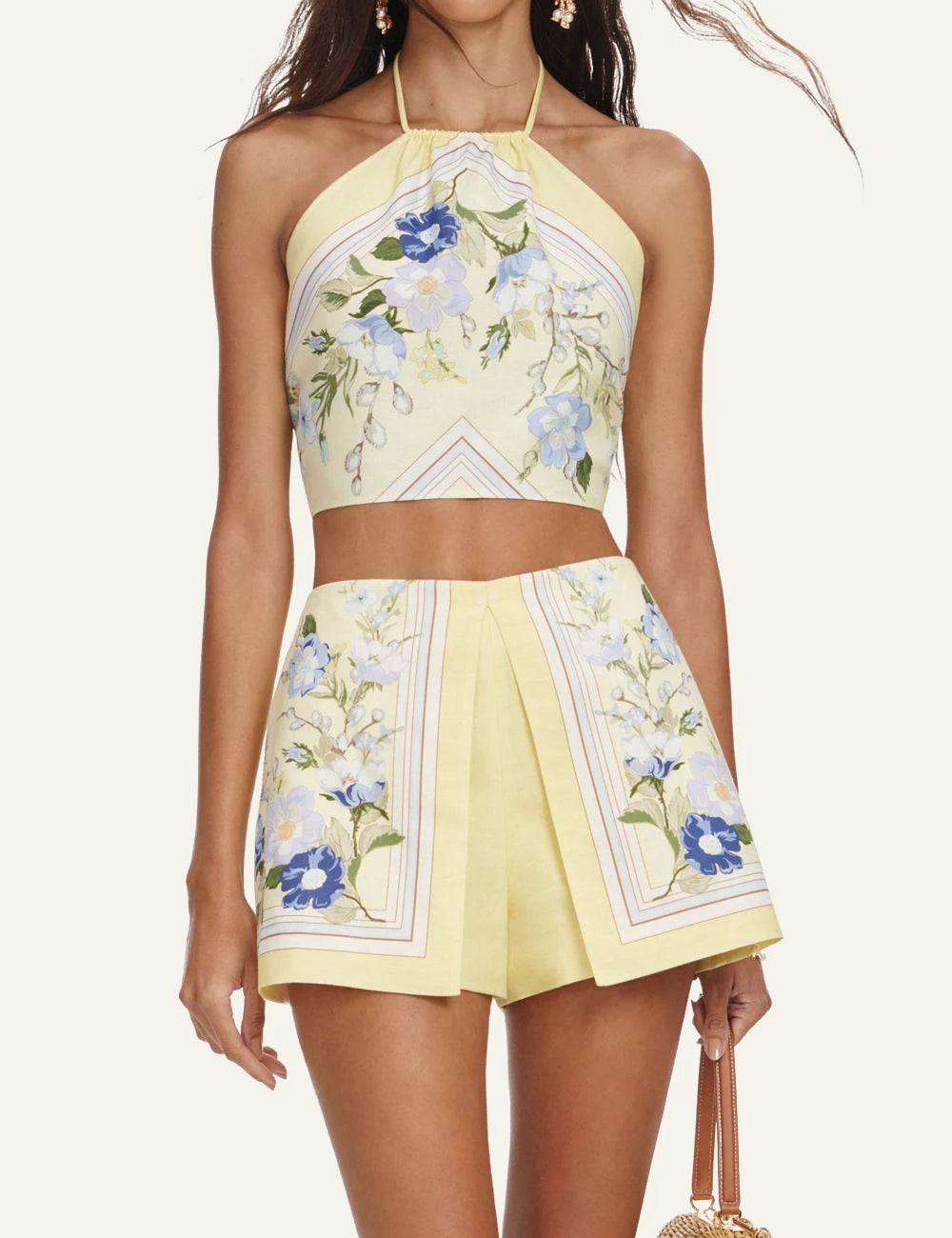 Self Portrait yellow linen crop top floral print front model view