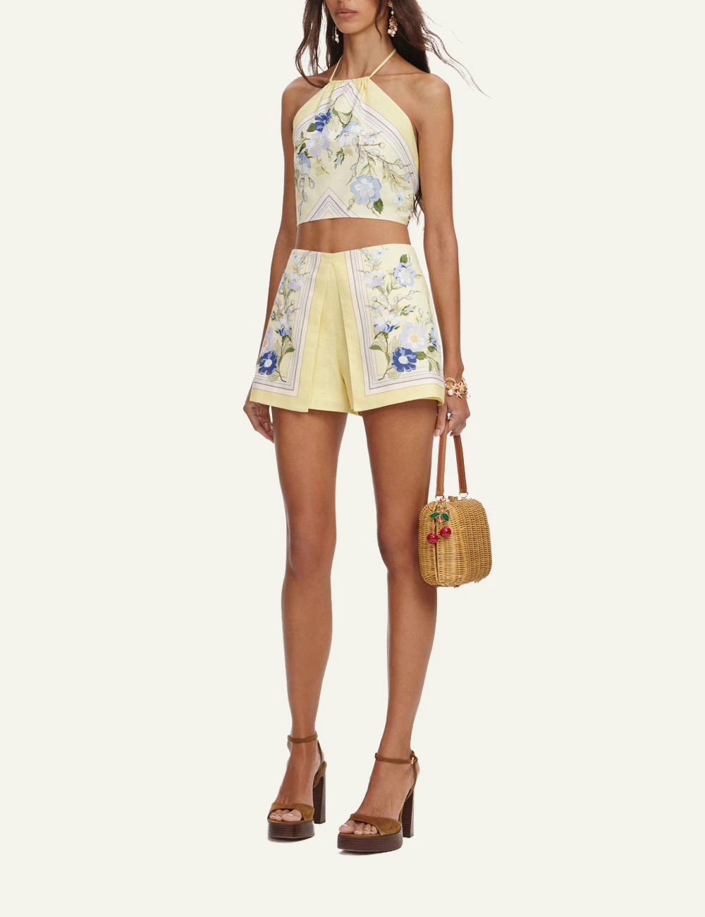 Self Portrait yellow linen crop top floral print side view
