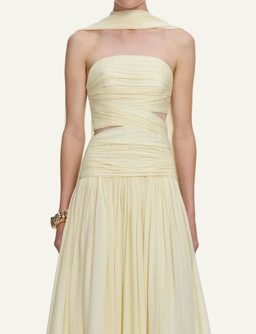 Self Portrait yellow off shoulder maxi dress ruching front model view