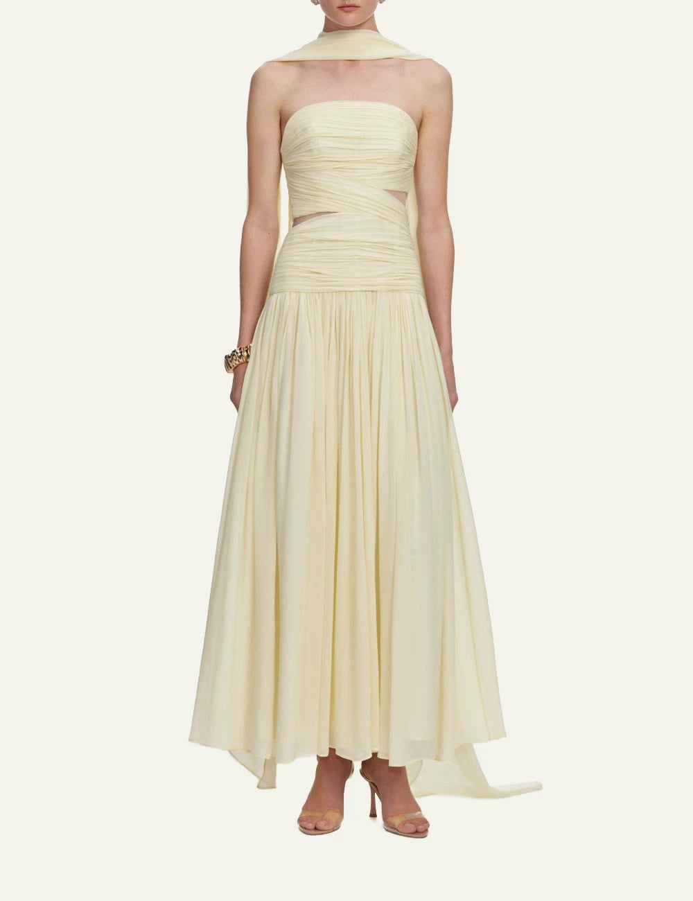 Self Portrait yellow off shoulder maxi dress ruching front view