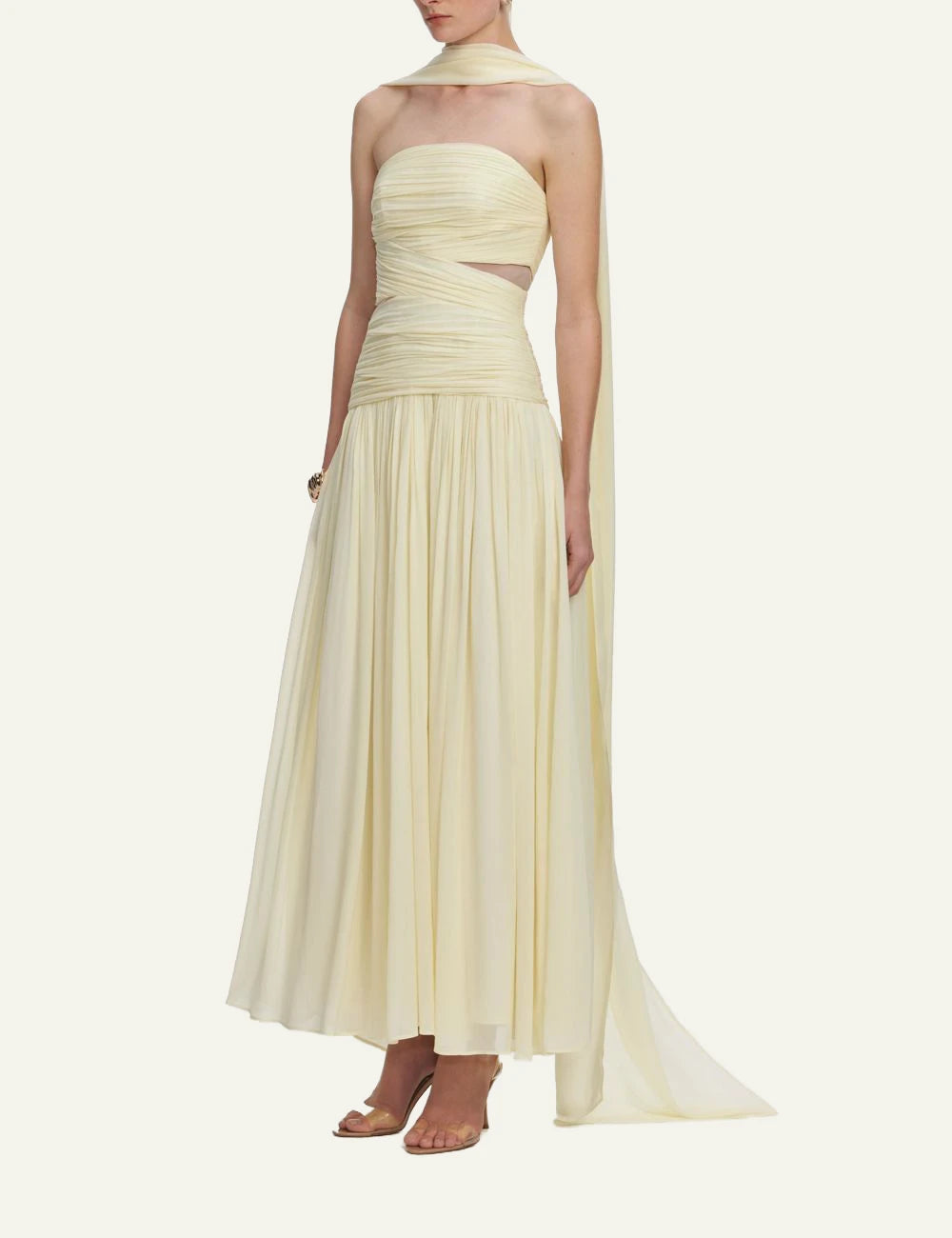 Self Portrait yellow off shoulder maxi dress ruching side view