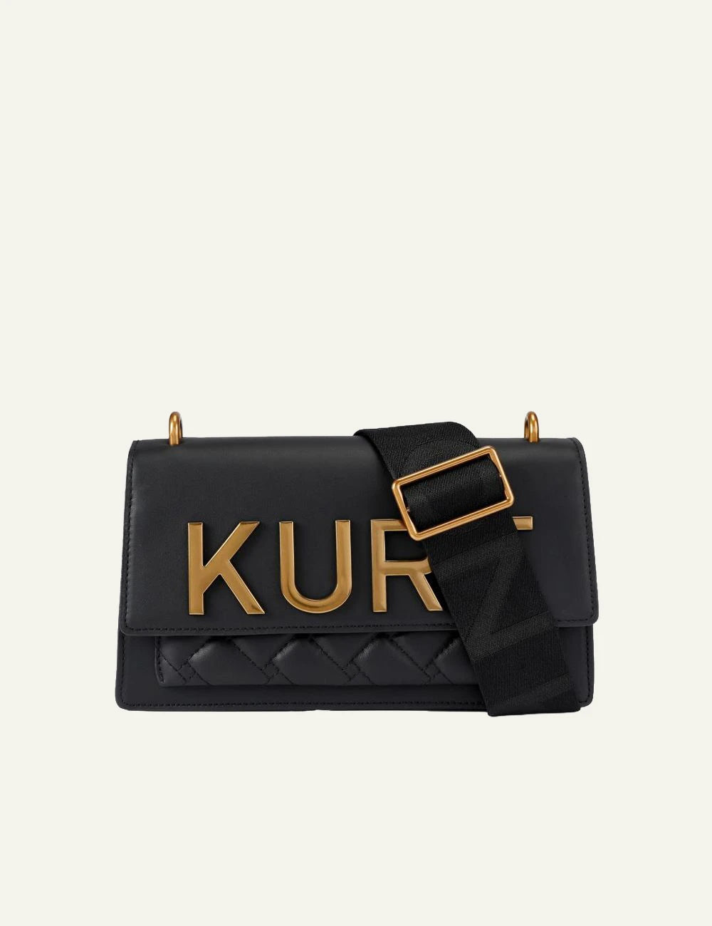 Kurt Geiger London Shoreditch East West black leather bag front view with KURT logo