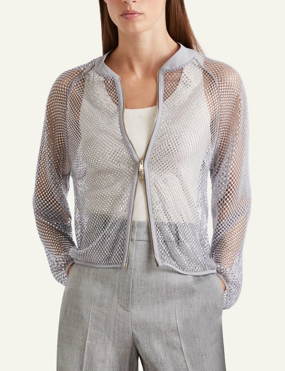 Silver Metallic Mesh Zip-Up Jacket Front detail