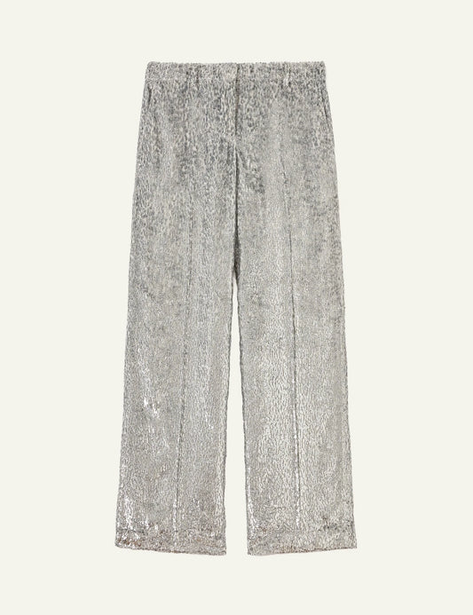 Silver shimmer panteloni wide leg metallic texture front flat view