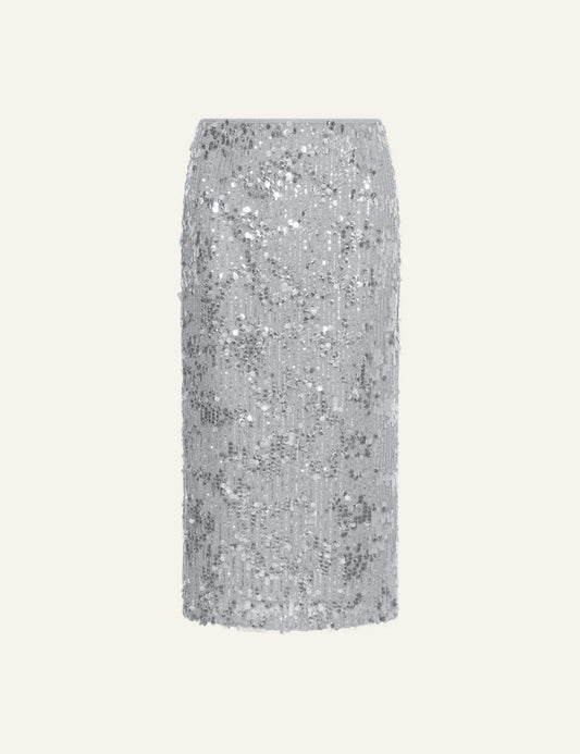 Silver Sequin Embellished Midi Skirt Front Flat