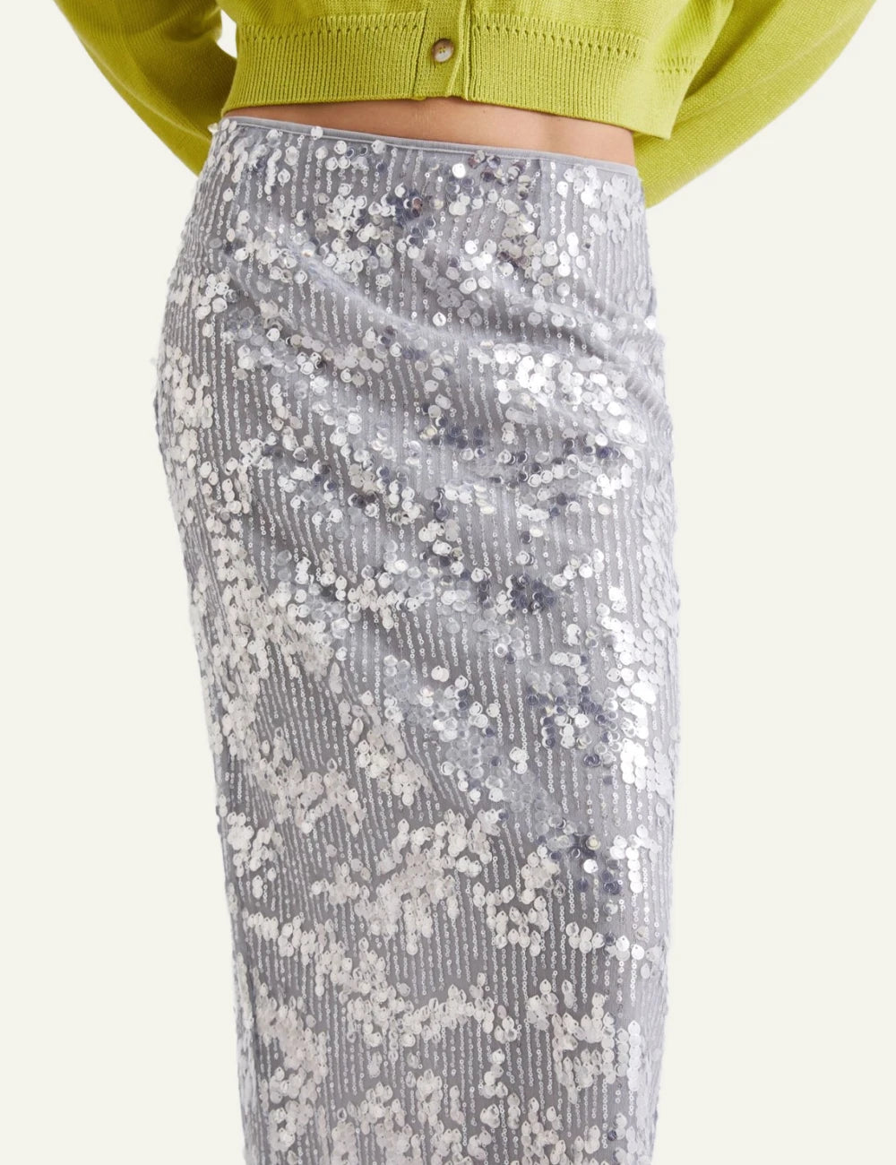 Silver Sequin Embellished Midi Skirt Front detail