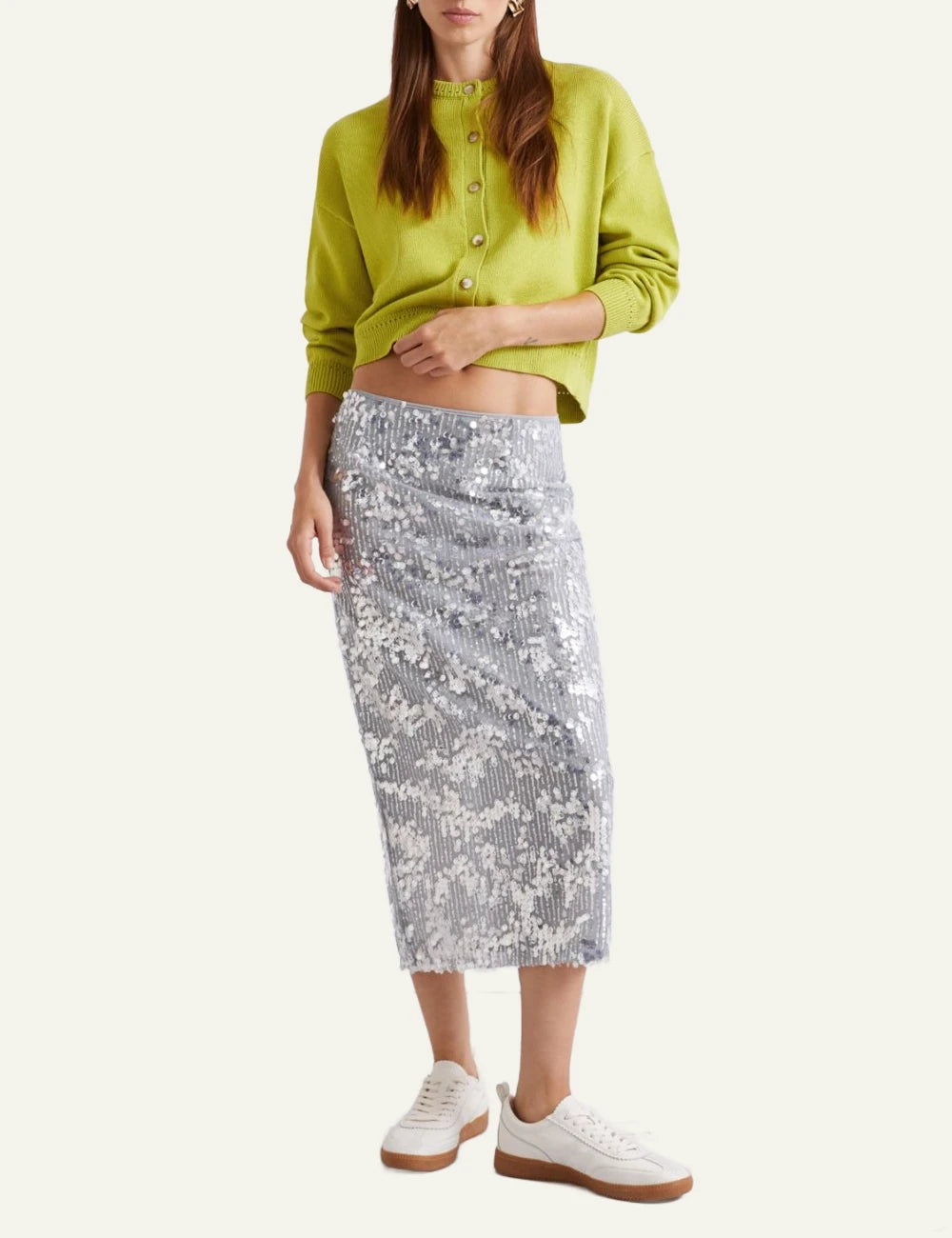 Silver Sequin Embellished Midi Skirt Front model