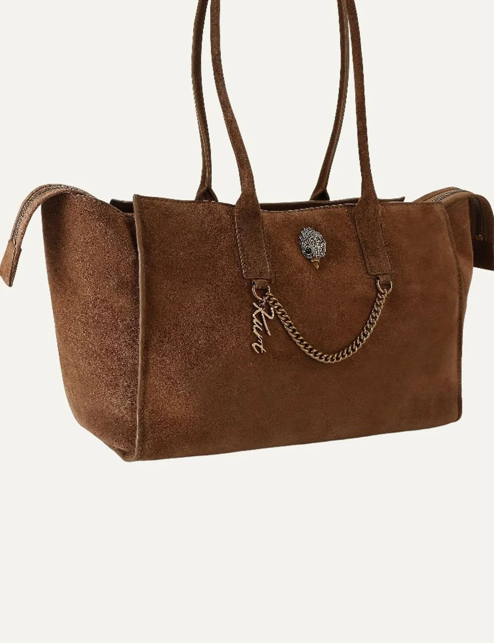 Kurt Geiger women's brown suede shopper tote bag with long shoulder handles, antique gold eagle head and decorative chain detail side