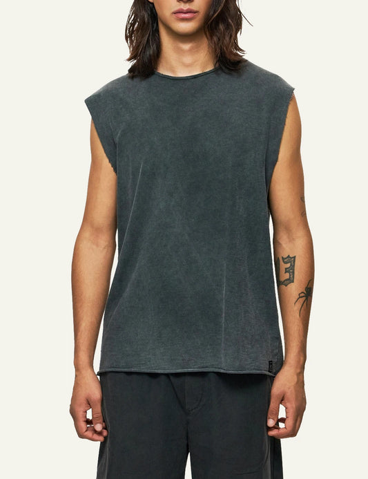 dark grey slub tank top raw edge sleeveless relaxed fit front model view