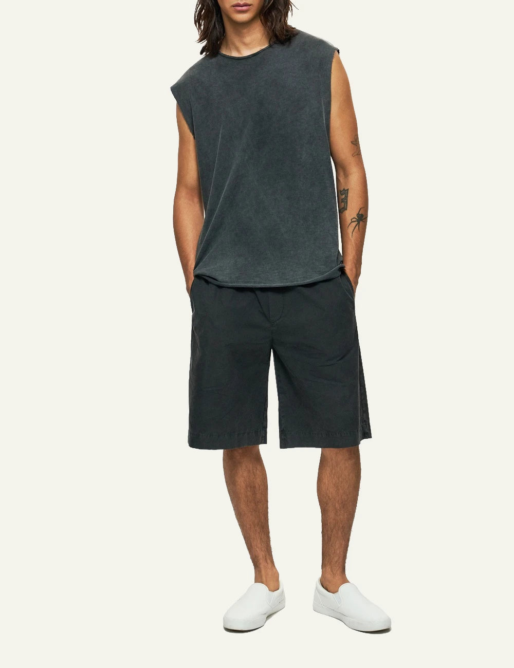 dark grey slub tank top raw edge sleeveless relaxed fit front full body view