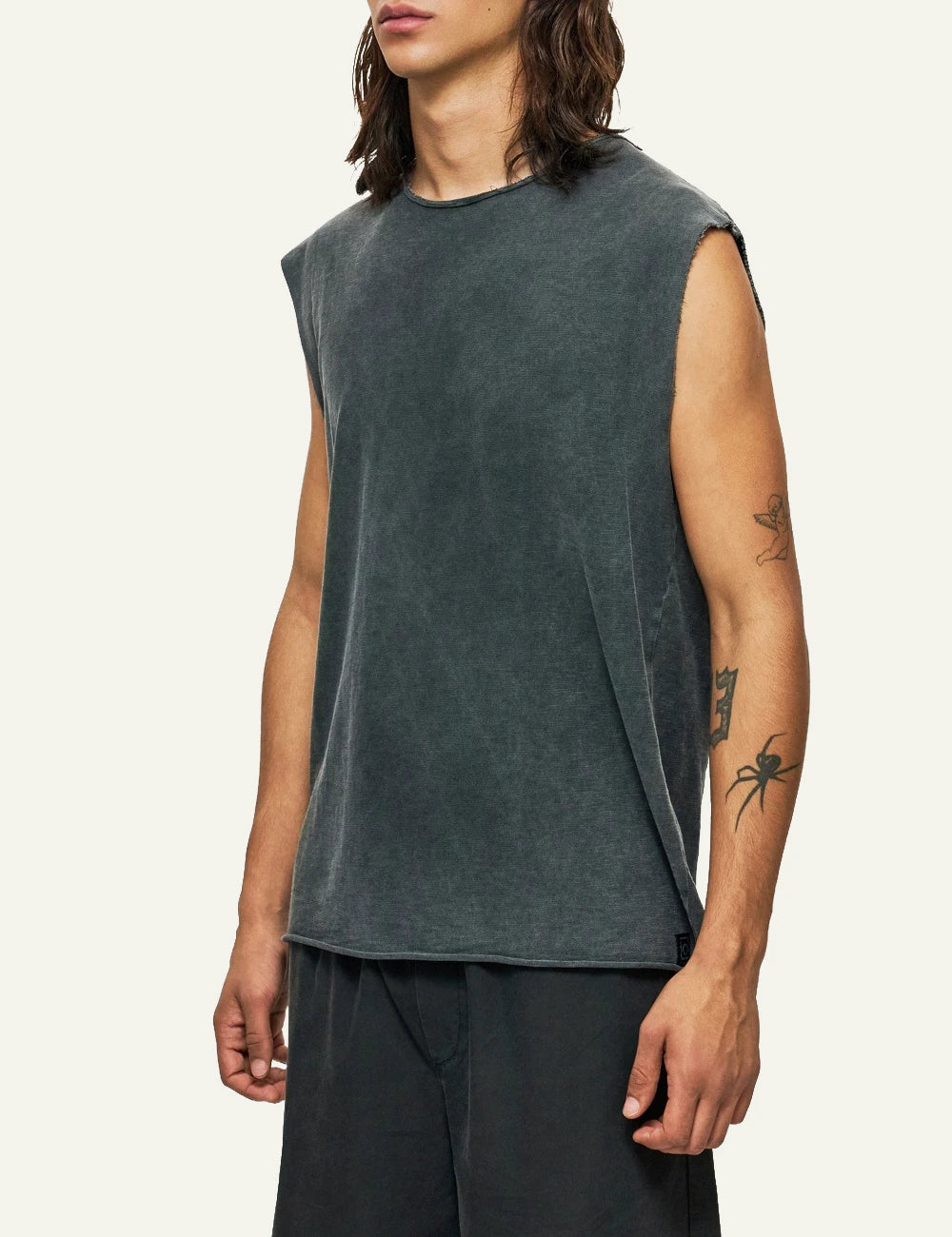 dark grey slub tank top raw edge sleeveless relaxed fit side model view