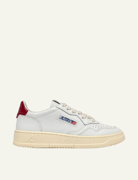Women's Autry Medalist white leather sneakers with red heel tab and rubber sole