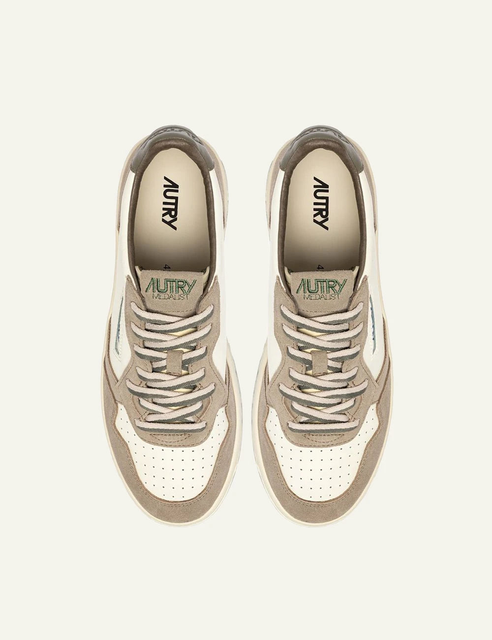 Men's Autry Medalist white leather and beige suede sneakers with olive green heel top