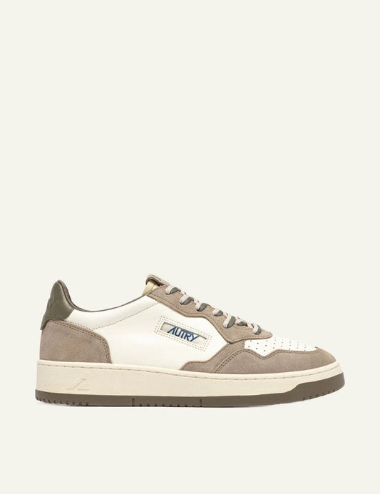 Men's Autry Medalist white leather and beige suede sneakers with olive green heel detail