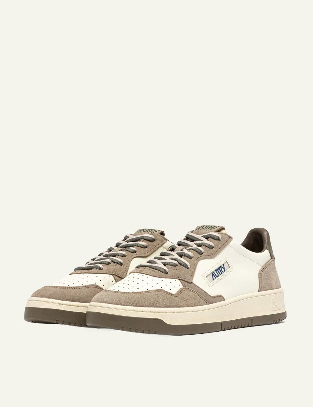 Men's Autry Medalist white leather and beige suede sneakers with olive green heel angled